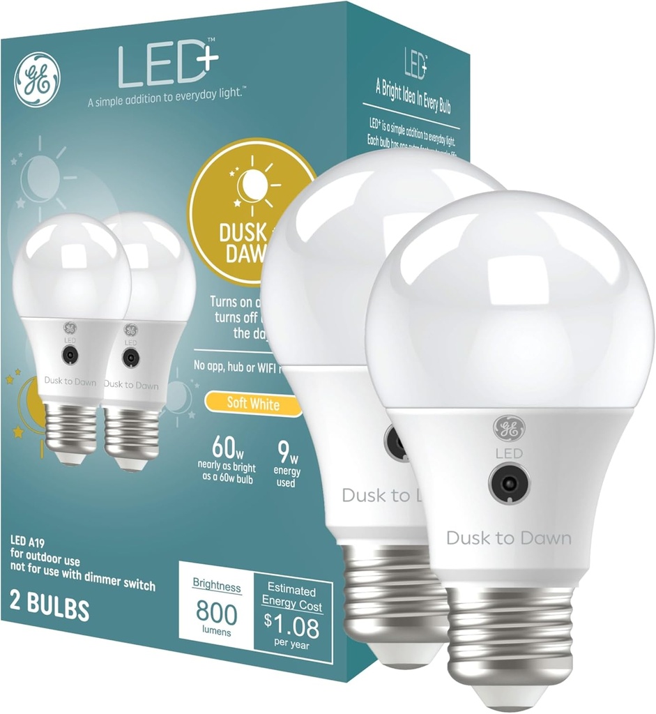 GE LED+ A19 Dusk to Dawn LED Light Bulbs, Automatic On/Off Outdoor Security Light, Soft White (2 Pack)