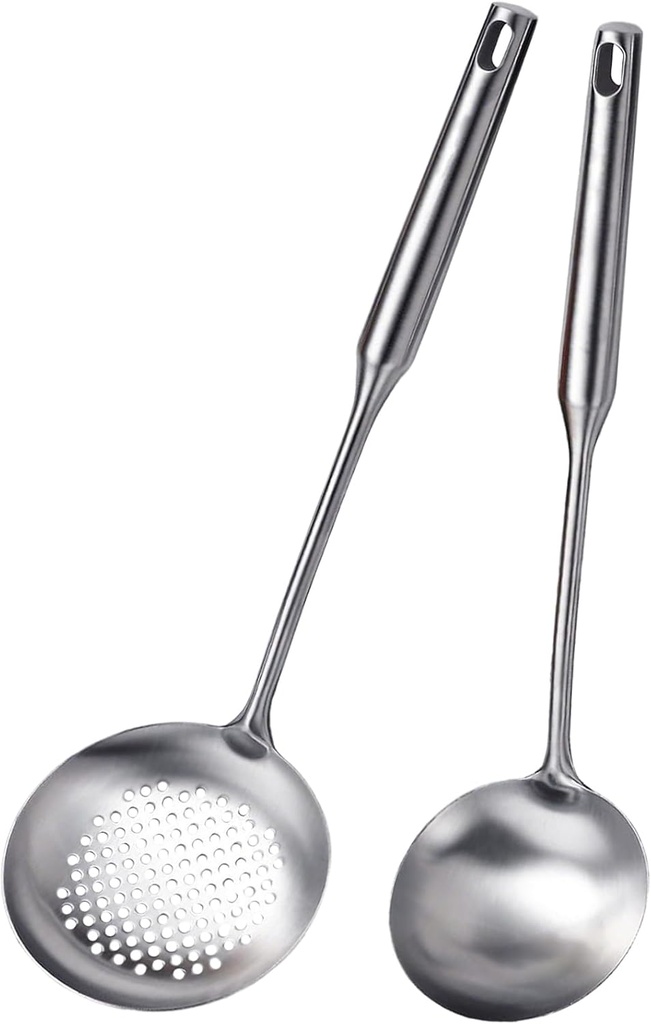 Soup Ladle and Slotted Spoon Set of 2, Metal 316 Stainless Steel Kitchen Ladles Food Strainer, Large Cooking Ladel and Fryer Scoop Kitchen Utensil Set for Stirring Serving Draining Frying