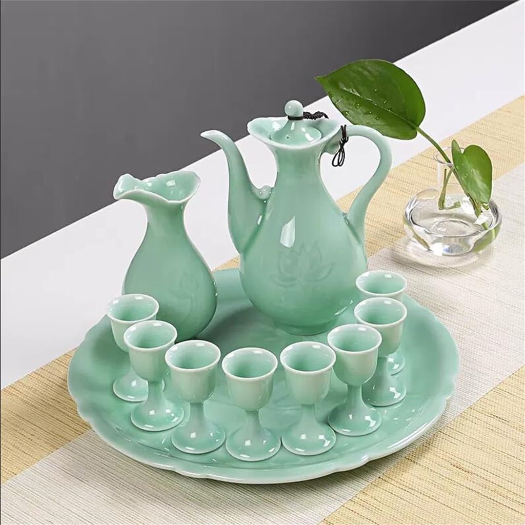 ZUIAI Antique Chinese Painted Gold Wine Pot Sake High Cup Celadon Wine Set Ceramic Court