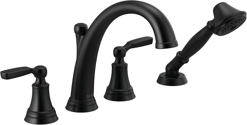 Delta Woodhurst Roman Tub Faucet with Hand Shower, Matte Black Deck Mount Bathtub Faucet, Matte Black T4732-BL (Valve Sold Separately)