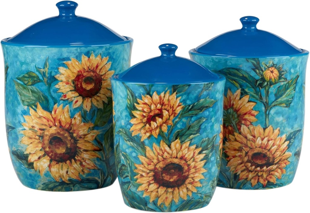 Golden Sunflowers Set of 3 Canisters Blue Green Yellow Floral