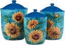 Golden Sunflowers Set of 3 Canisters Blue Green Yellow Floral