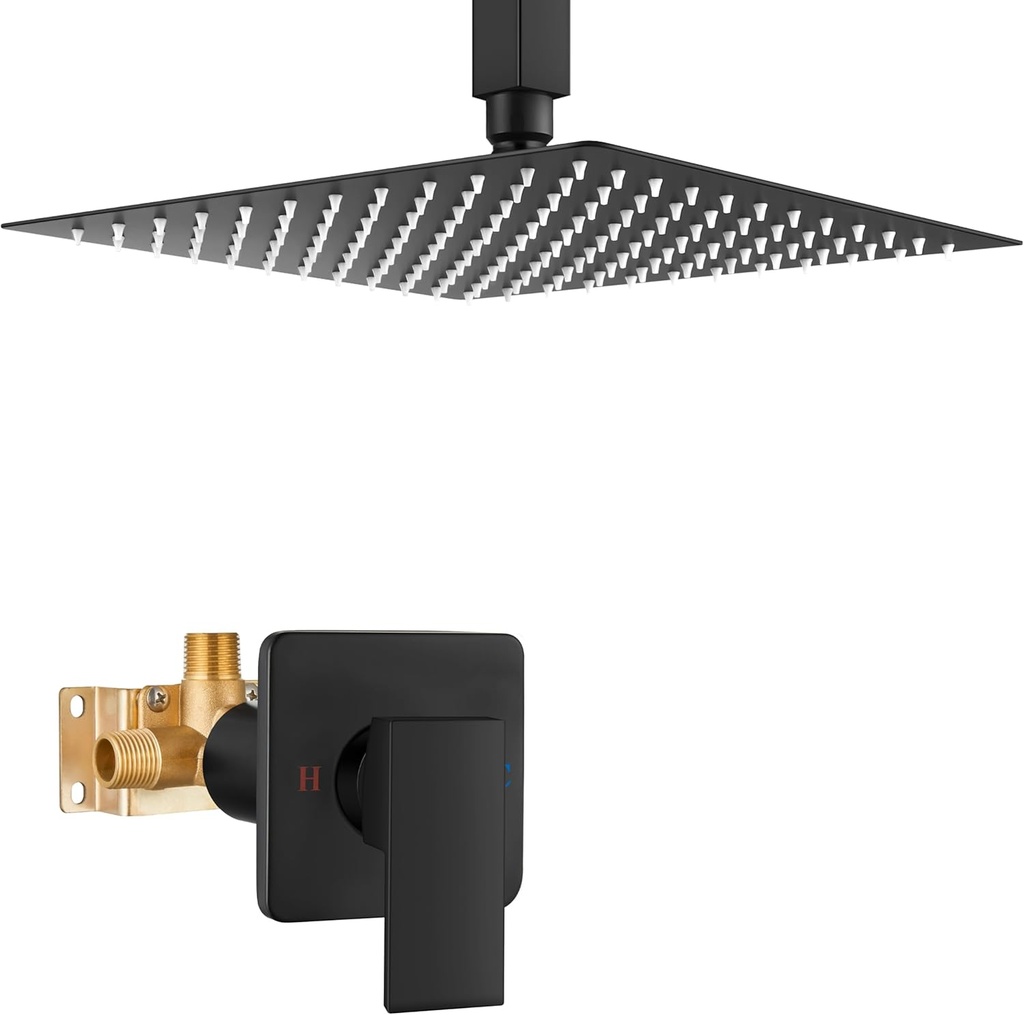 Heyalan Shower Faucet Set Square Stainless Steel Bathroom Rainfall Shower System One Handle Single Function Shower Trim Kit with Rough-in Valve Male Thread,Ceiling Mount,10 Inch,Matte Black