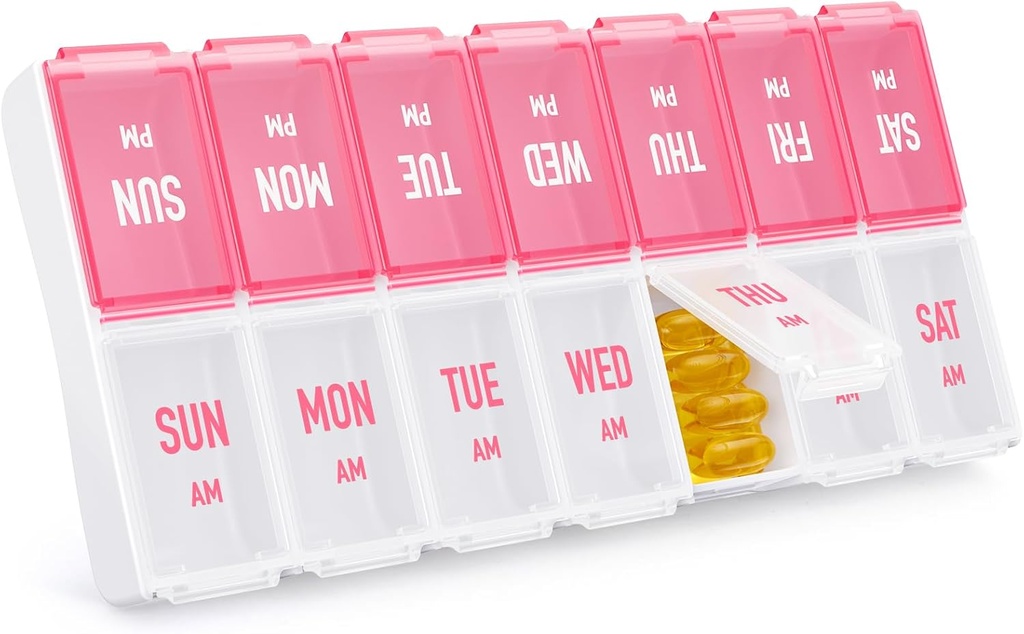 AMOOS Weekly Pill Organizer 2 Times a Day, Stylish Pill Box 7 Day AM PM with Large Compartments, Pill Case Easy to Use, BPA-Free Pill Container for Vitamins, Fish Oils, Supplements, Medicines, Pink