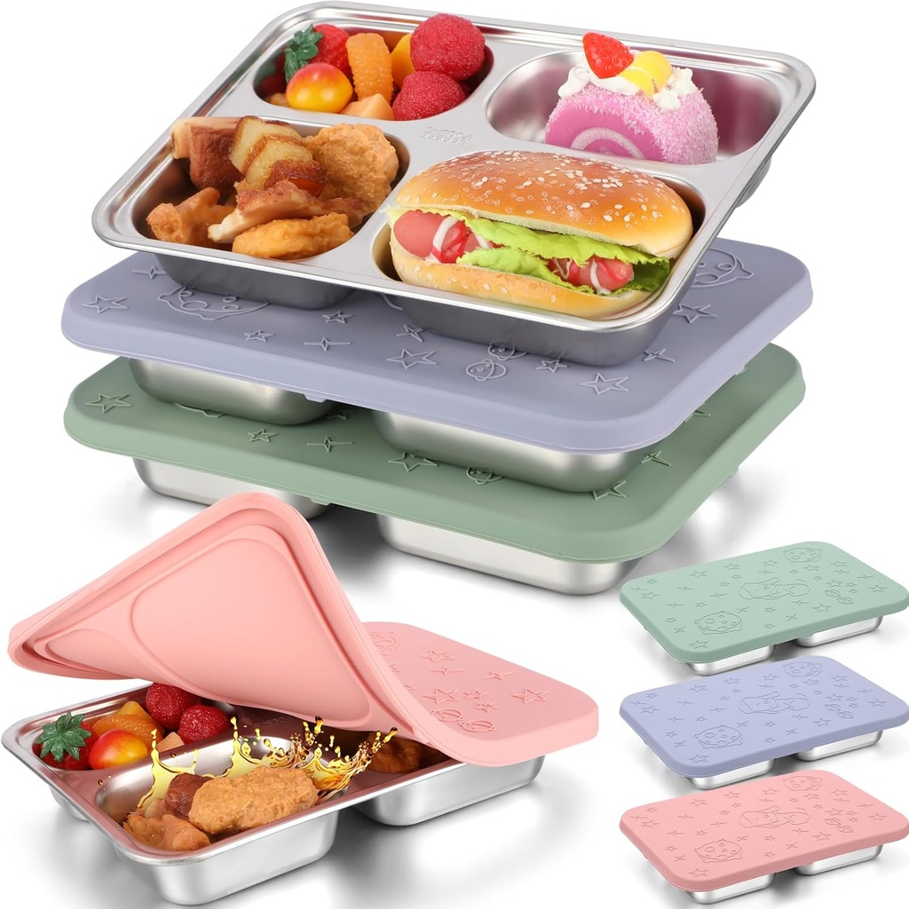 Tioncy 3 Pcs Leakproof Stainless Steel Bento Box, Divided Lunch Containers with Silicone Lid for Kids Adults, Dishwasher Freezer Safe Food Storage Containers for School Work Office