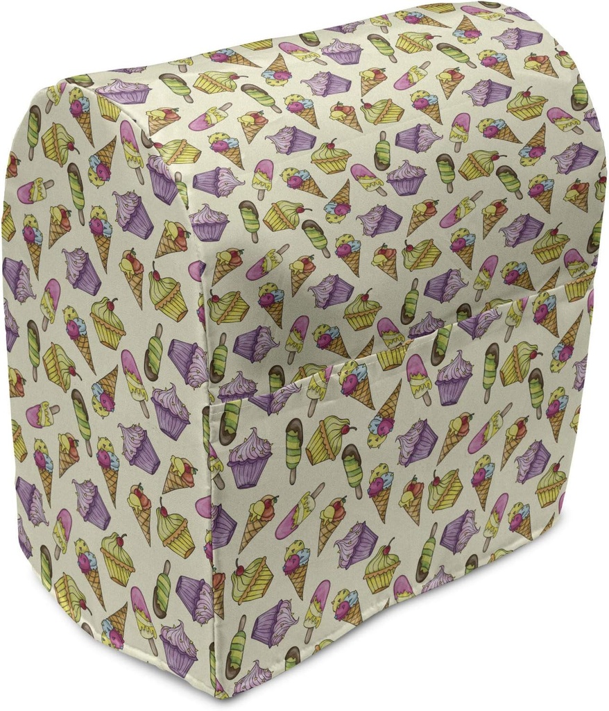 Ambesonne Ice Cream Stand Mixer Cover, Yummy Cupcakes Chocolate Party with Cherry Cones Fruit Theme, Kitchen Appliance Organizer Bag Cover with a Pocket, 6-8 Quarts, Multicolor