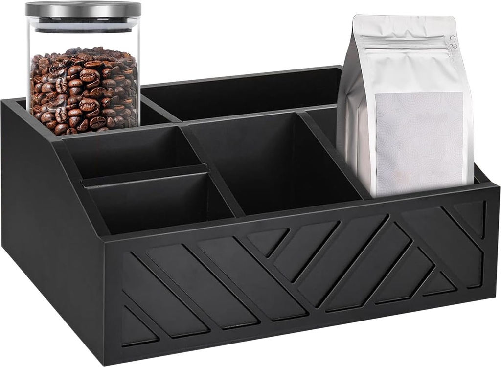 Wooden Coffee Organizer - 3.6in Pod Storage Rack, Divided countrtop Holder, Coffee Station Accessory With Compartment Tray | Pod Storage For Cups, Tea, Stirrer, Syrup, espreso Bar, Beverage