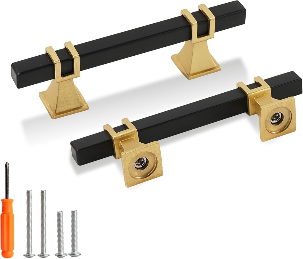 Redunest Cabinet Pulls Matte Black and Gold Cabinet Handles, 10 Pack 3 Inch Kitchen Door Cupboard Wardrobe Drawer Handles, Cabinet Hardware Bar Drawer Pulls, 76mm Hole Centers
