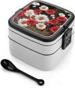 Rrtsmsgh Red Flower And Daisy Bento Box with Spoon, 2-layer Stackable Lunch Box Leak Proof with Invisible Handle, Insulated Food Storage for Office, Picnic & Travel