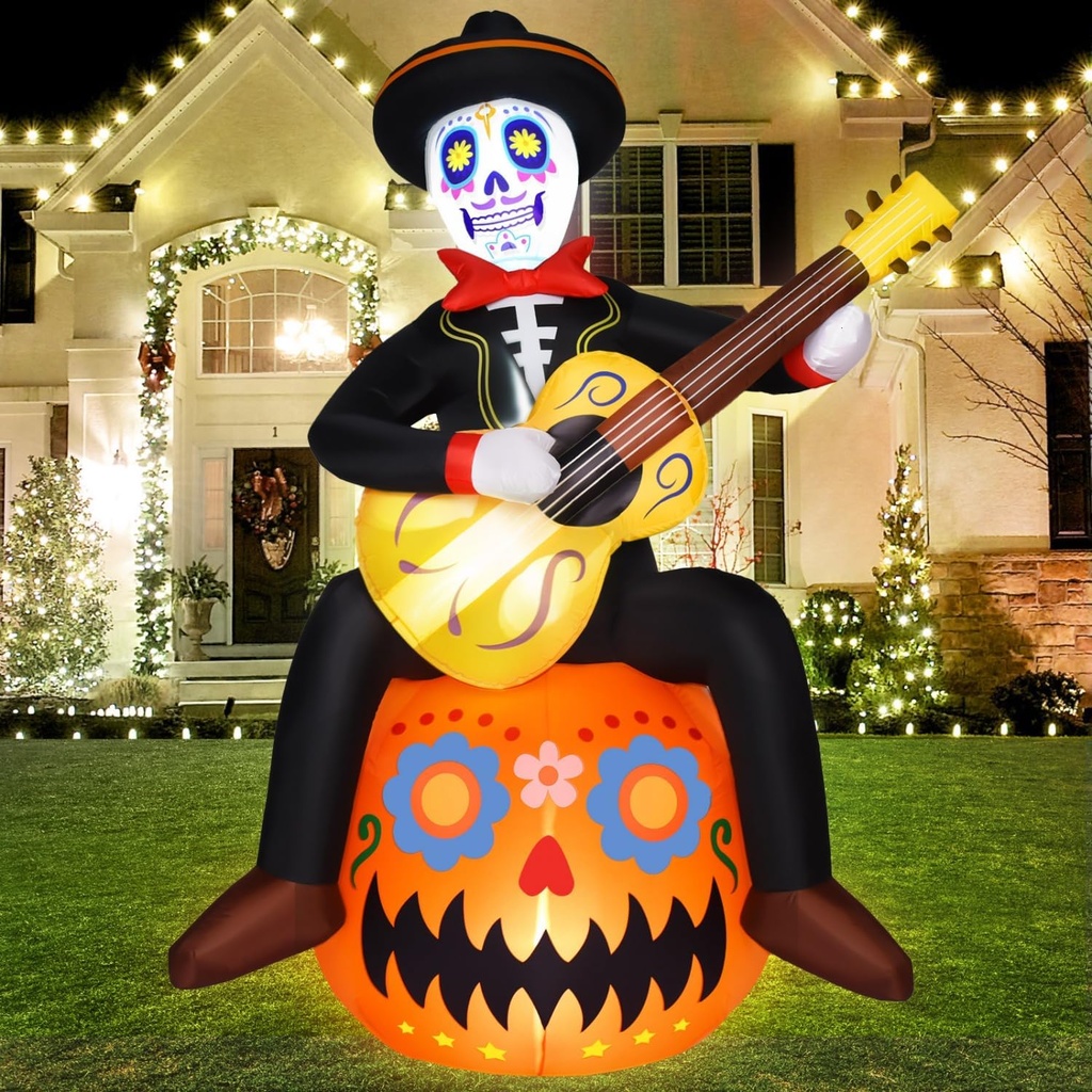 Rocinha 8FT Halloween Inflatables Pumpkin Sugar Skull Guitar Day of The Dead Inflatable Outdoor Decorations Dia De Los Muertos Decorations with LED Lights Halloween Blow Up Yard