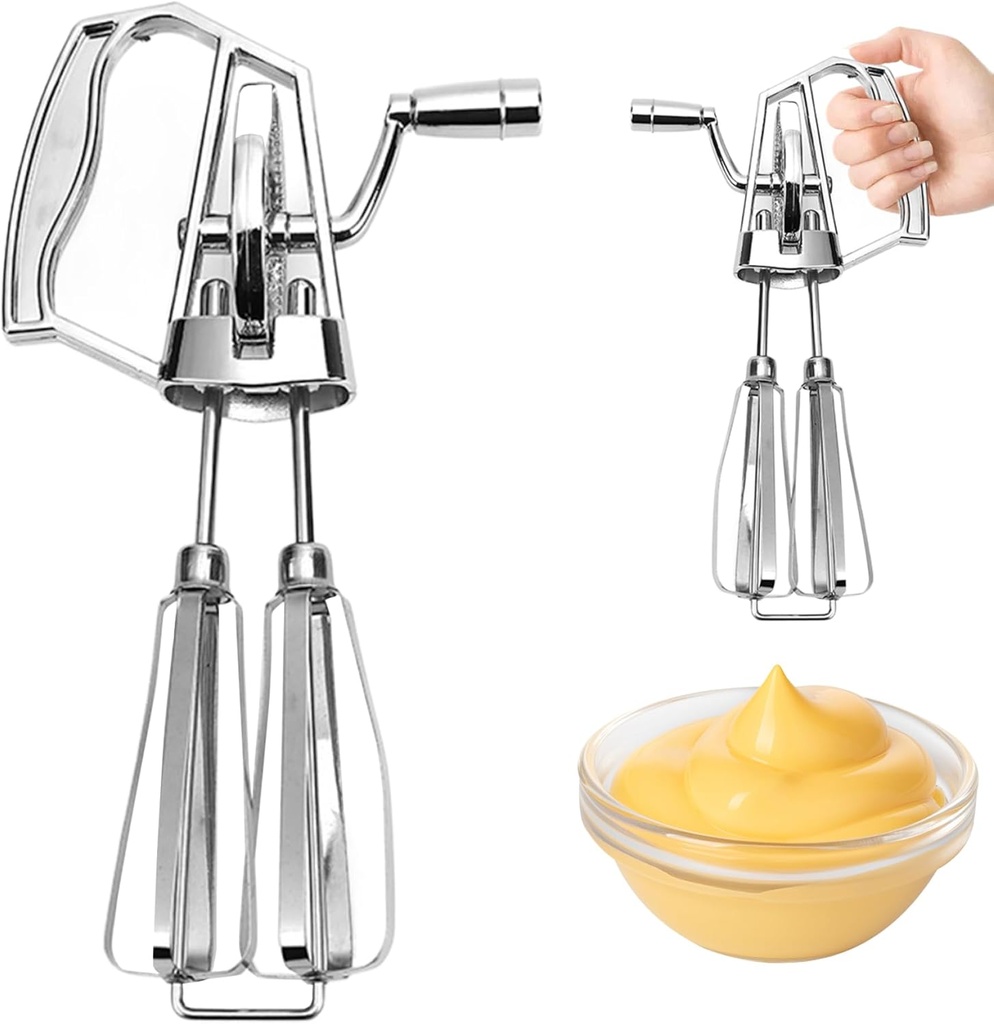 Egg Mixer Hand Crank Egg Beater Stainless Steel Rotary Whisk Double-Head Handheld Mixer with Manual Crank Portable Kitchen Tool for Household Silver, Small