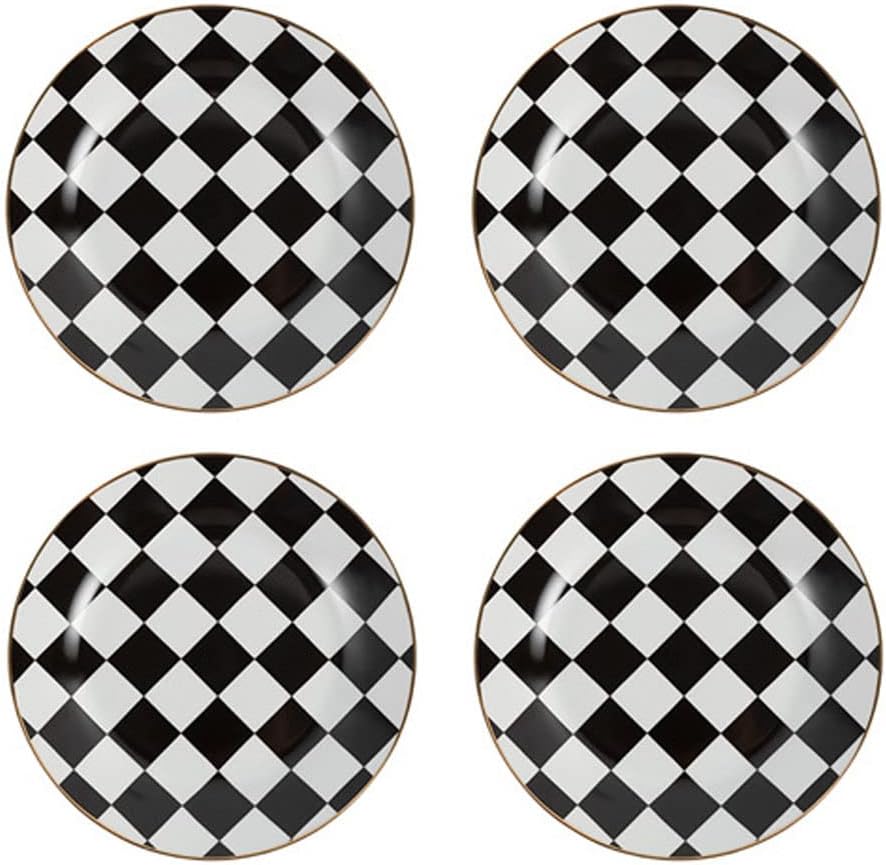 RockTrend Retro Black and White Checkerboard Gold Edge Ceramic Dinner Plate Dessert Plate Salad Plate-Set of 4