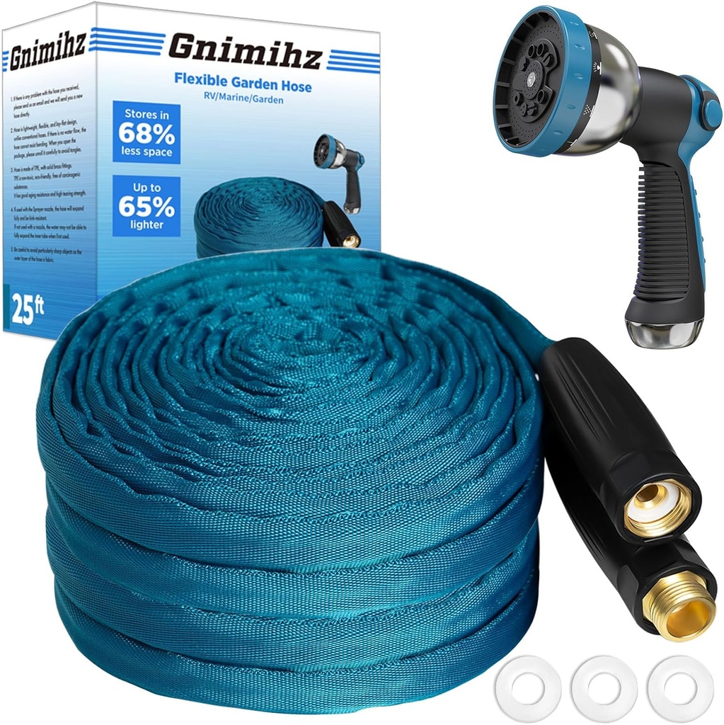 Gnimihz Garden Hose 25ft, Made of TPE(Not PVC), Ultra-Light & Flexible Water Hose with Solid Brass Fittings, Non-Shrinking, Easy to Storage, Drinking Water Safe Material, All-weather, SeaBlue