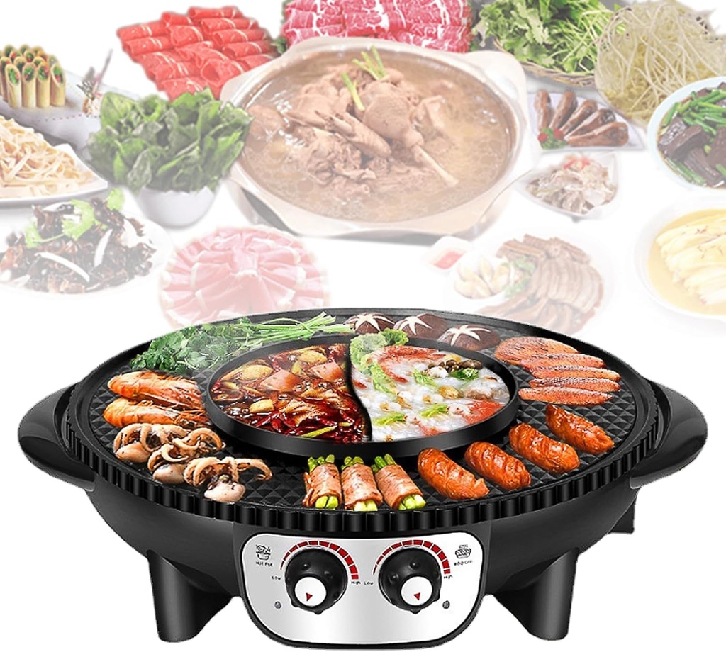 JINEKU Large Household Electric Hot Pot with Grill, Soup Pot and Korean BBQ, Non-stick Coating, Easy to Clean, For 7-10 People to Enjoy, 2200 W