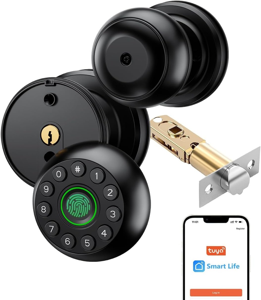 Smart Keypad Door Knob eLinkSmart Fingerprint Door Lock Keyless Entry Ball Door Lock for Bedroom Office Apartment with Real Buttons Support Tuya App