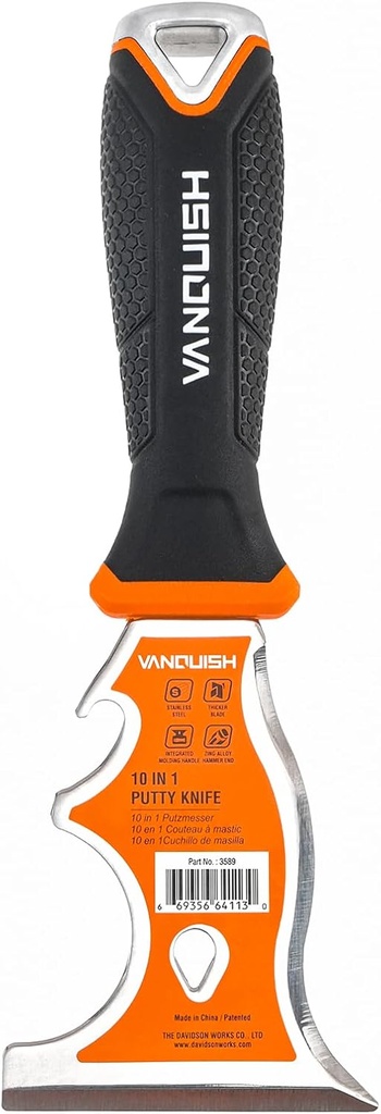 VANQUISH 10 In 1 Stainless Steel Putty Knife Paint Scraper with Soft Grip Handle and Metal Hammer End, Painters Knife, Paint Scraper for Painting, Metal Scraper, Spackle Tool etc 3589