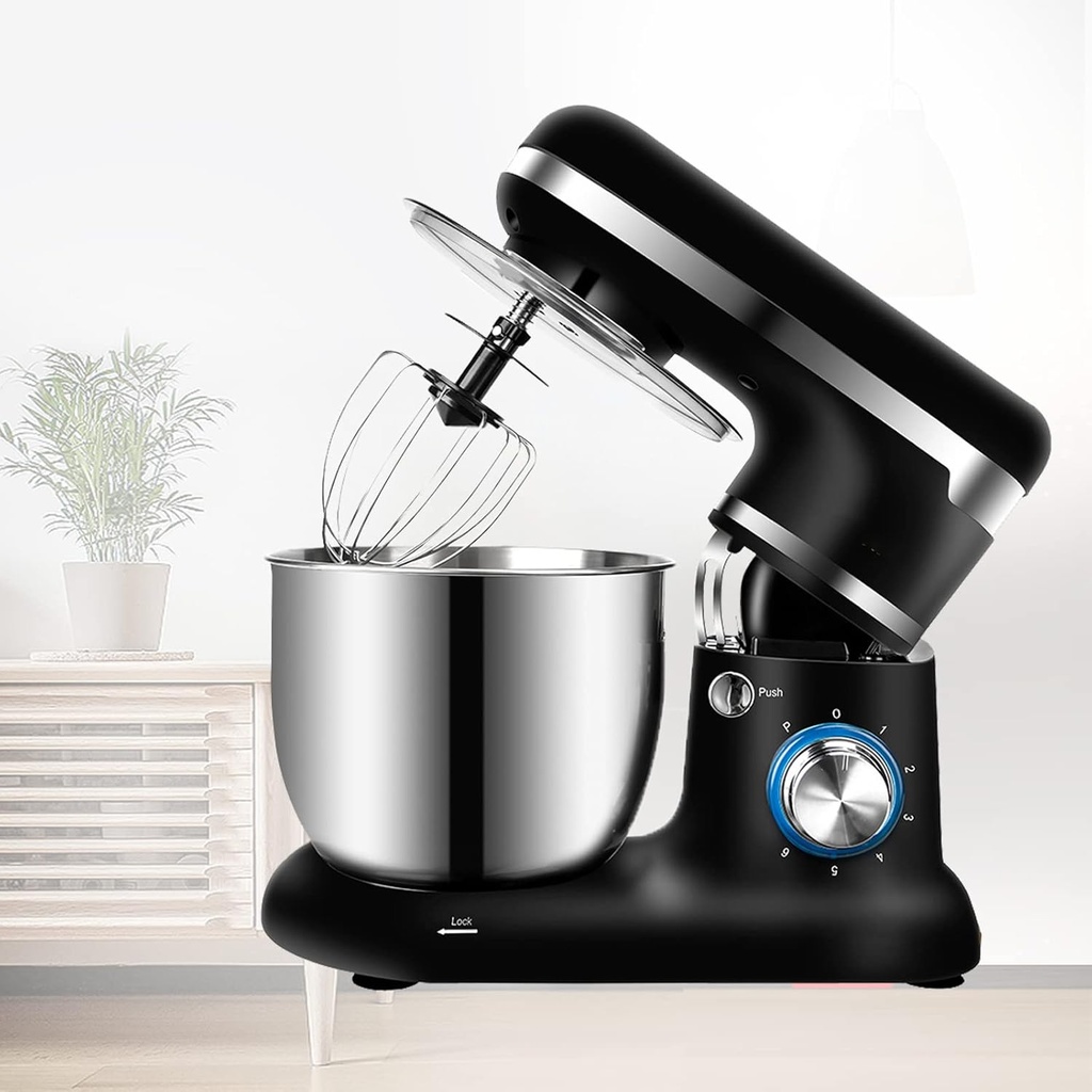 PanHuiWen Stand Mixer-5-liter Kitchen Mixer 1200W 6-Speed Tilt Head Kitchen Electric Food Dough Mixer, Stainless Steel Bowl, with Dough Hook, Mixer Beater, Wire Whisk, Splash Guard,Black