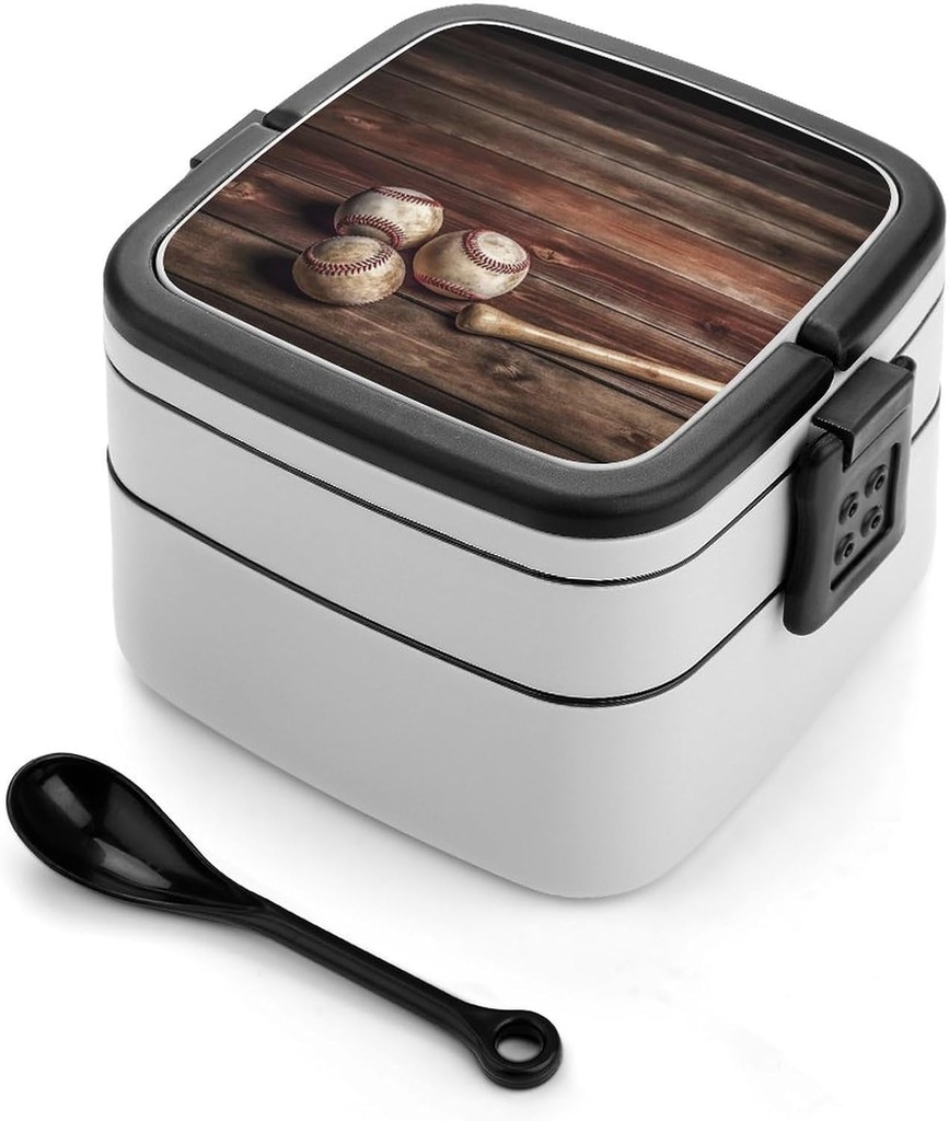 GFLFMXZW Baseball on Wooden Bento Box Adult Lunch Box All-in-One Lunch Containers with Removable Compartments Double Layer Bento Lunch Box with Spoon And Handle Stackable Lunchbox