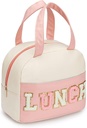 DIRGEE Lunch Bag for Women Insulated For Men PU leather Small Office Work lunch with Chenille Letters Leakproof Freezable Cooler Reusable Portable Box (White&Pink)