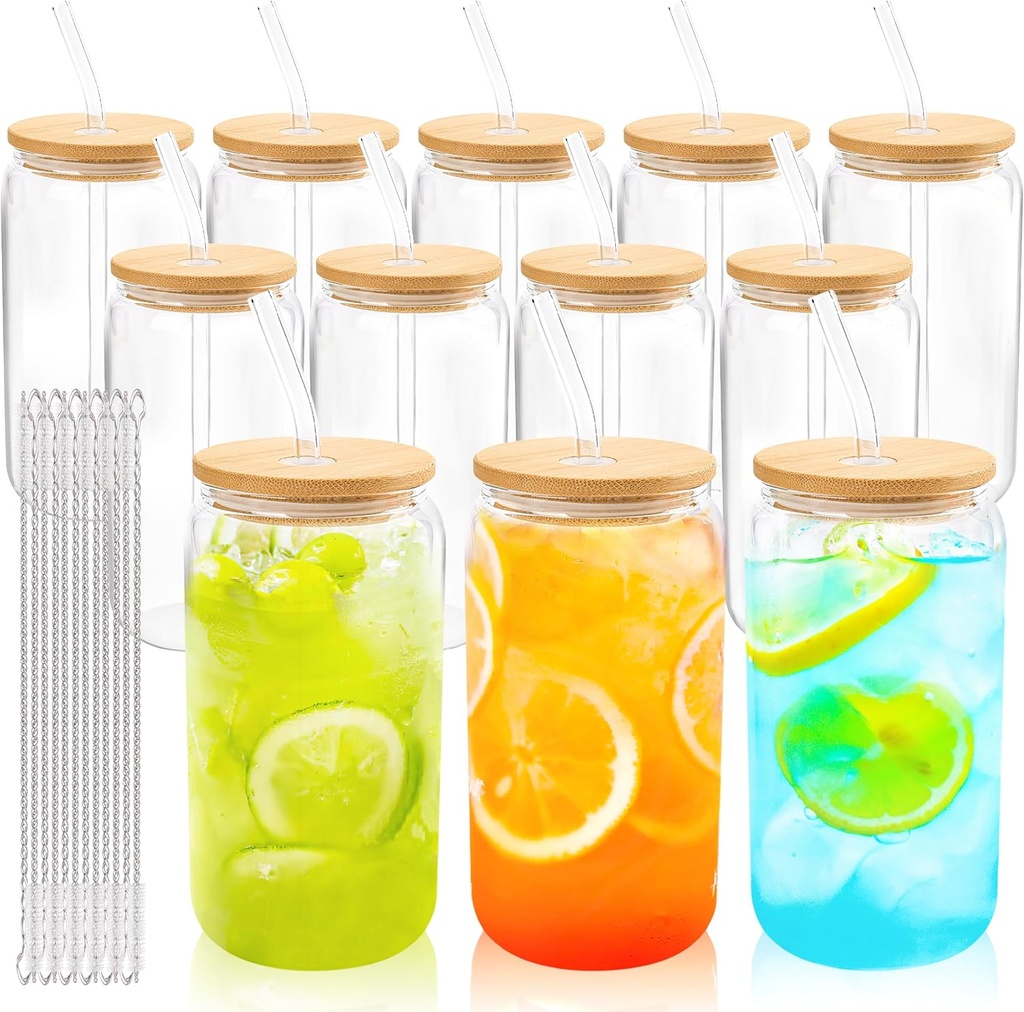 Joyclub 12 Set Glass Cups with Bamboo Lids and Glass Straws 16oz Can Shaped Reusable Clear Iced Coffee Glasses Bulk Set Drinking Jars wholesale for Party Weddings Cafes Boba Shops Gifts DIY