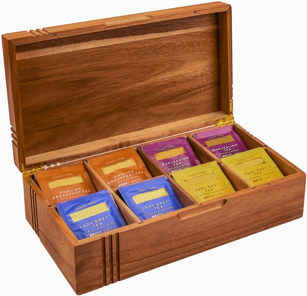 Chicvilla Acacia Wood Tea Bag Organizer and Storage Tea Box - 8 Compartment for Tea Bags & Sugar Packets with Gold-Tone Hinges, Gift-Inspired Design With Decorative Parcel Grooves