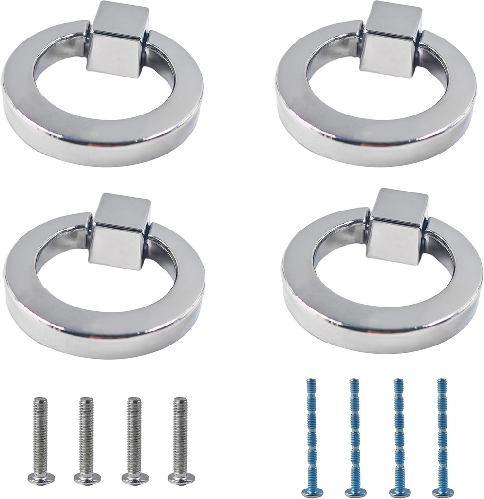 AUXBC 4Pcs Silver Zinc Alloy Cabinet Ring Knobs, Modern Round Drawer Pulls with Mounting Screws, Single Hole Dresser Handles for Kitchen Furniture, Wardrobe and Bathroom Hardware