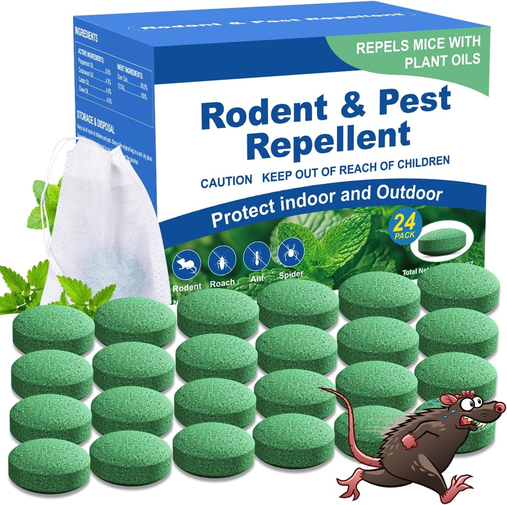 Rodent Mouse Repellent 24 Pack, Peppermint Oil Rat & Mice Repellent, Natural Moth Balls for Rodents Deterrent, Safe for Pets & Humans, Indoor & Outdoor Use, Keep Rodents Away from Garden & Home