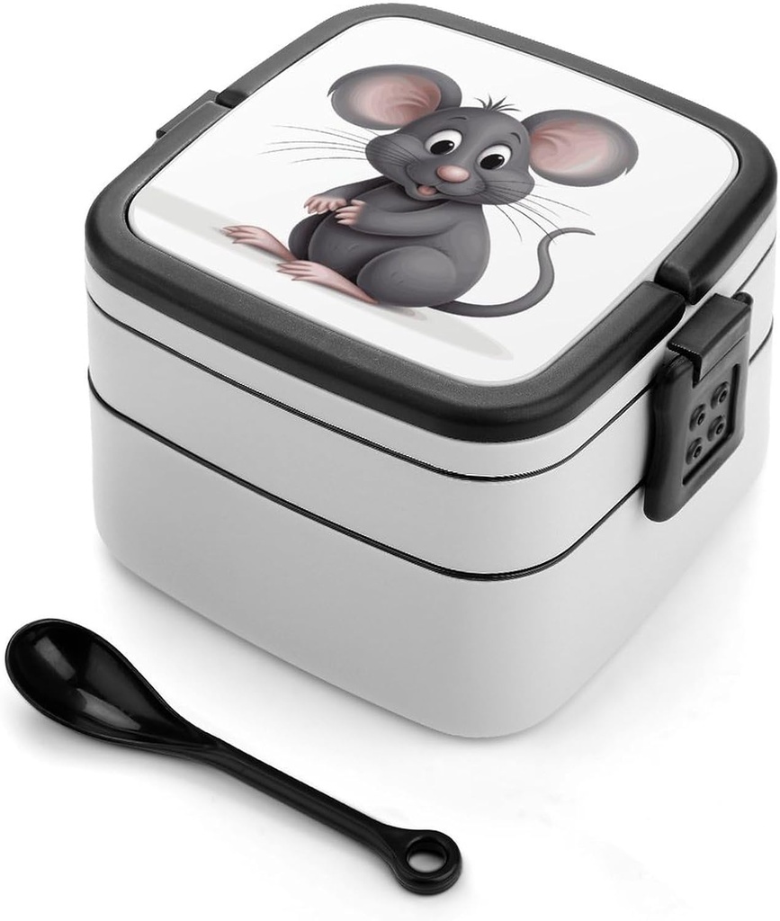 Grey Rat Bento Box Adult Lunch Box All-in-One Lunch Containers with Removable Compartments Double Layer Bento Lunch Box with Spoon And Handle Stackable Lunchbox