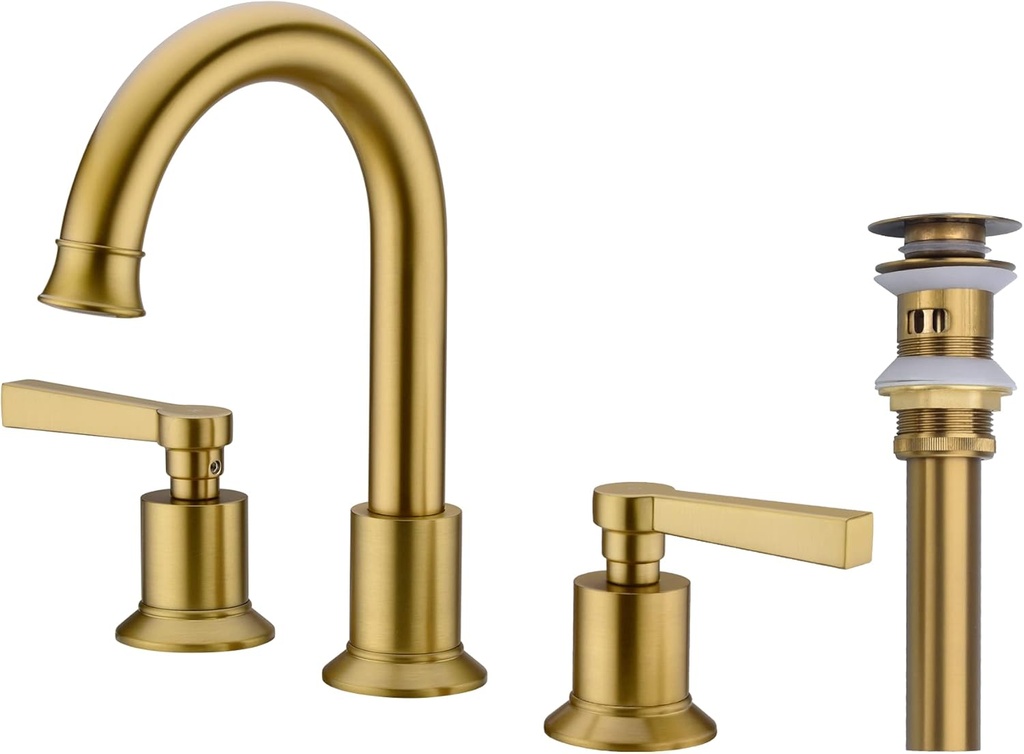 TRUSTMI 2 Handle 8 Inch Widespread Bathroom Faucet Brass Lavatory Vanity Sink Faucet with Metal Overflow Pop Up Drain and cUPC Water Supply Lines, Brushed Brass Gold