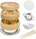 Premium 10-Inch Bamboo Steamer Basket Set – 2-Tier Dumpling Steam with Lid, Ring Adapter, Chopsticks, Liners & Sauce Dish – Natural Steamer for Vegetables, Bao, and Asian Cooking