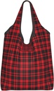 Foldable Red Plaid Pattern Reusable Grocery Shopping Bag, Waterproof Shopping Tote