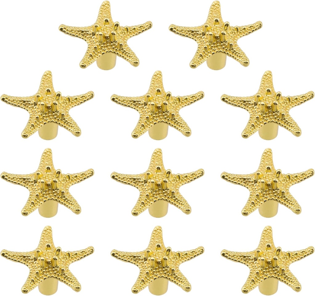 Tighall 10 Pieces Starfish Knobs Coastal Beach Ocean Theme Single Hole Pulls Handles With Screws for Cabinet Drawer Cupboard (Gold)