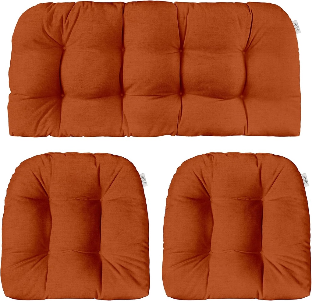 RSH DECOR Sunbrella 3 Piece Wicker Tufted Loveseat Set, Outdoor Pillows & Outdoor Chair Cushions, Patio Loveseat 41"x19" & 2-19"x19" U-Shaped, Performance Fabric, Canvas Rust - Made in USA