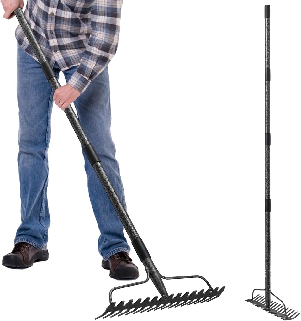 Adjustable Bow Rake Heavy Duty, Dual-Sided Steel Garden Rake Tool for Gathering Leaves, Pine Straw, Thatching, Breaking Up Soil, Leveling Gravel