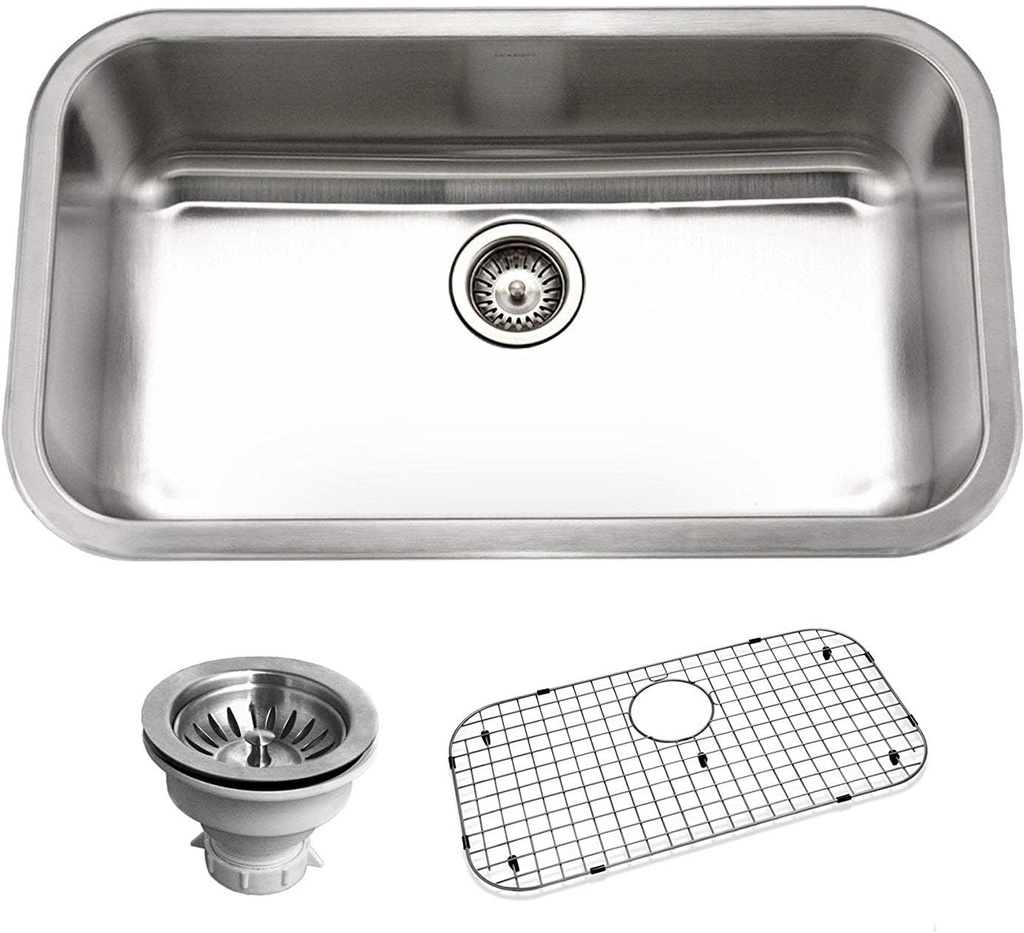 Houzer Belleo Stainless Steel Kitchen Sink: 32 Inch Drop-in Topmount Single Bowl with Strainer & Grids, Durable & Versatile, Essential for Home & Apartment: BSG-3018