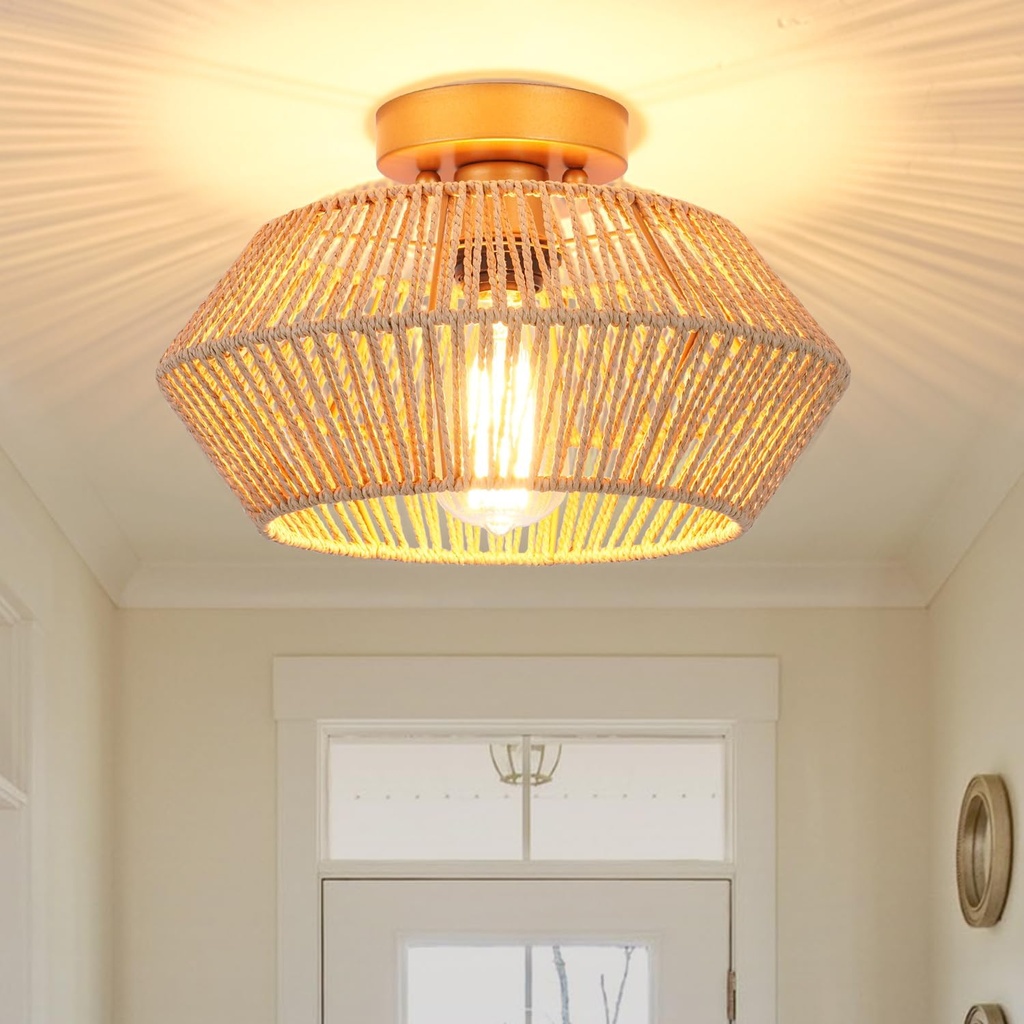 VILUXY Rattan Ceiling Light Fixture Boho Ceiling Flush Mount Ceiling Lamp Hand-Made Woven Mini Chandelier Gold Brass Brush Paint Finish for Entryway Hallway Kitchen Bedroom