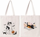 Cute Ghost Tote Bag Black Cats Tote Bag Halloween Cotton Canvas Bag for Women Gift Reusable Grocery Bag Shopping Beach Shoulder Bag