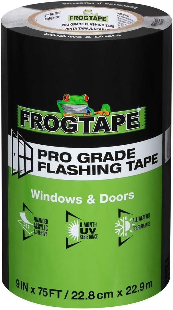 FrogTape Pro Grade Flashing Tape for Windows & Doors, 9 Inch Width - 75 Foot Roll, All Weather & UV Resistant Linerless Flashing Tape with Advanced Acrylic Adhesive - 10 mils - Black