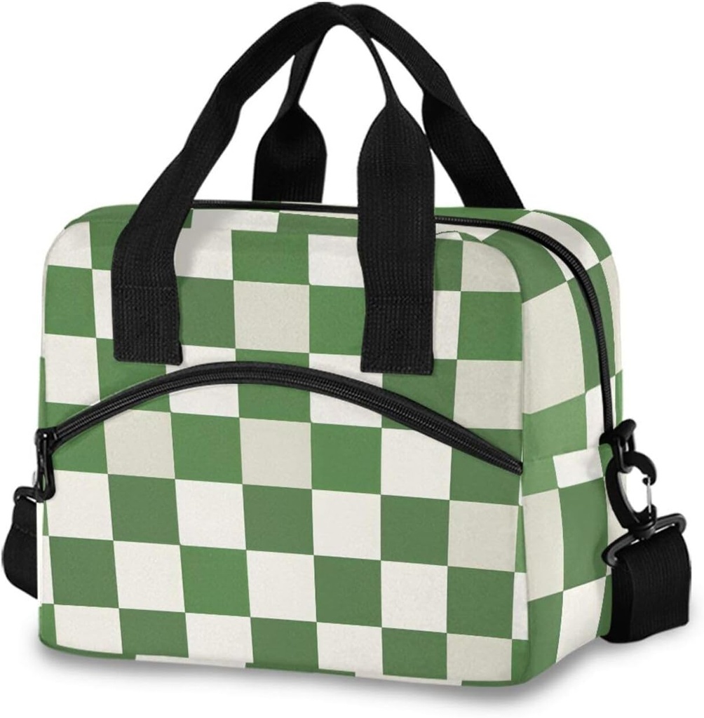 ALAZA Green White Checkered Buffalo Plaid Insulated Lunch Bag for Women Men Reusable Lunch Box Tote Bag Adjustable Shoulder Strap Cooler Bag Leakproof Work Picnic