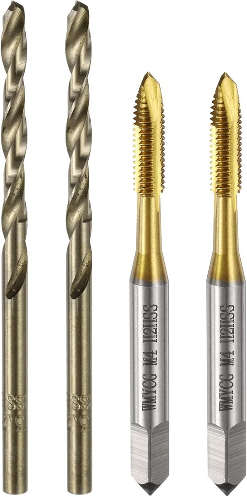 uxcell Metric Tap & Drill Bit Set, 2pcs M4 x 0.7 Spiral Point Thread Taps Titanium Coated and 2pcs 3.3mm Twist Drill Bits Roasted Yellow, Screw Tapping Threading Tools