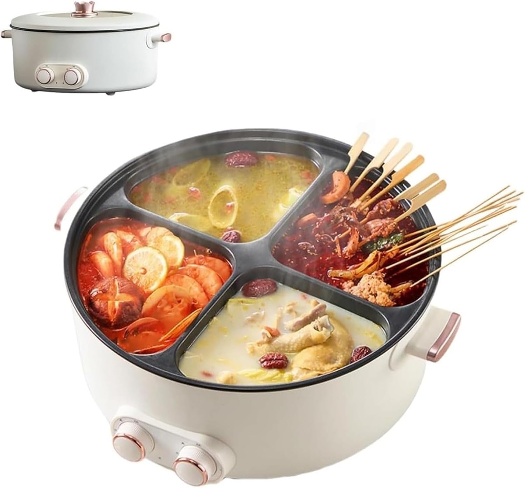 Four Grid Multifunctional Stew Pot, Electric Pot 4 Compartment Divider Cooker, 6L Large Capacity, One Pot with 4 Flavors, 4-Flavor Chinese Shabu Shabu Pot for Home Party