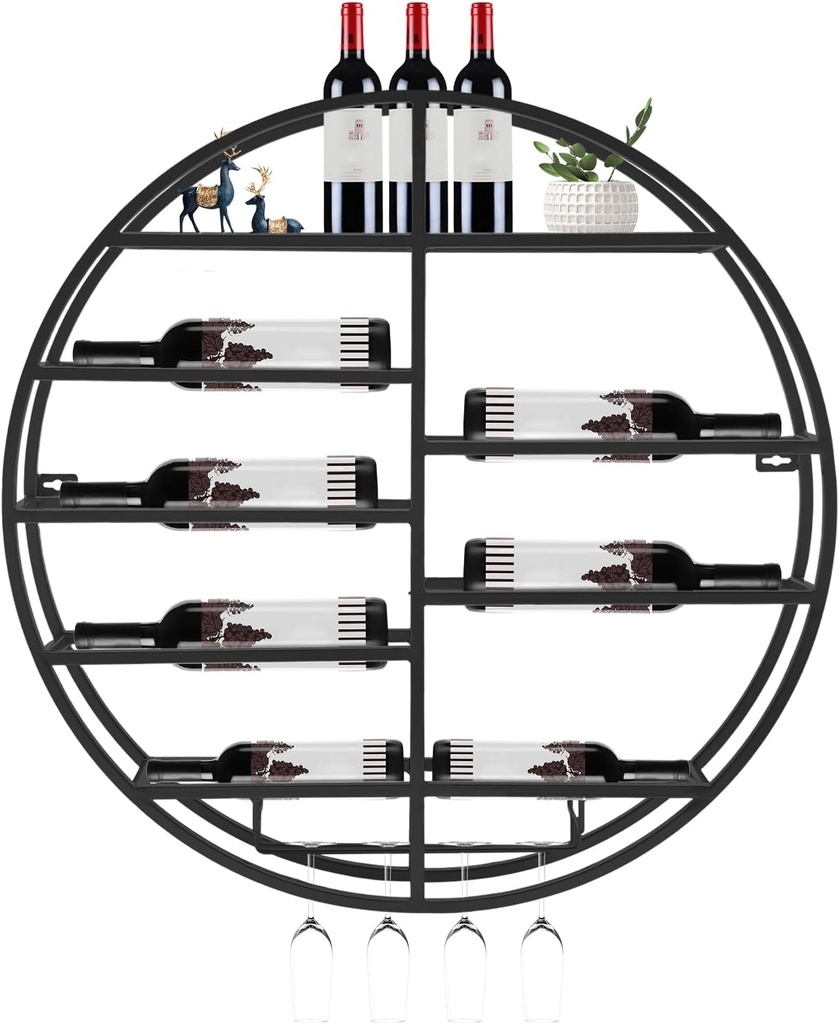 23.6in Wall Mounted Round Wine Rack with Wine Glass Goblet Holder,Wine Display Rack Wine Storage Shelves Metal Bottle Holder Wine Holder Display Shelves Liquor Display Storage Organizer (Black)
