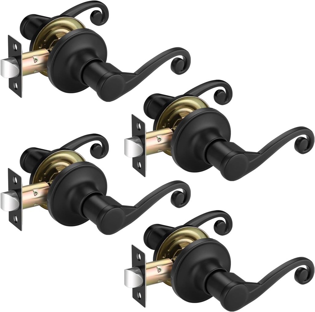 4 Pack Matte Black Door Knob, Interior Passage Door Handle Without Lock, Keyless Wave Door Lever for Closet/Hallway, Black Modern Door Knobs, Only for Right-Handed Doors