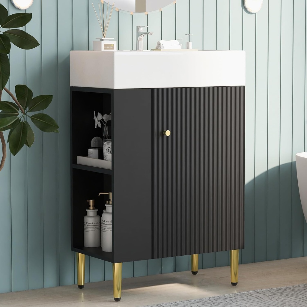 Merax Small Bathroom Vanity with Single Ceramic Sink, 21.6"W x 26.4"H x 12.2"D, Black, Modern Style, Freestanding, Left Side Storage, Easy Assembly