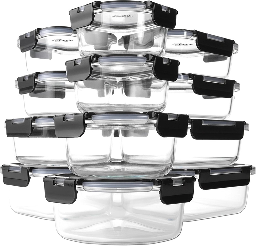 KITCHEN SHOPPE 24pc Borosilicate Glass Storage Containers with Airtight Lids | Heavy Duty, Non-Toxic Food Storage Containers for Pantry, Meal Prep, Lunch or Leftovers | Freezer/Oven/Microwave Safe