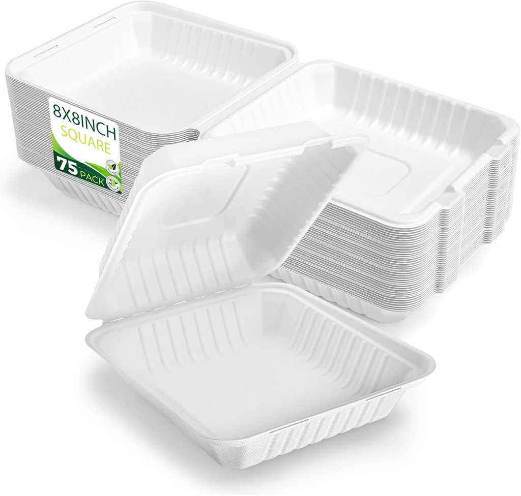 75 Pack 8”x8” Take Out Containers with Lids, EXTRA Sturdy To Go Food Containers, 100% Compostable Clamshell Take Out Containers, To Go Boxes for Food