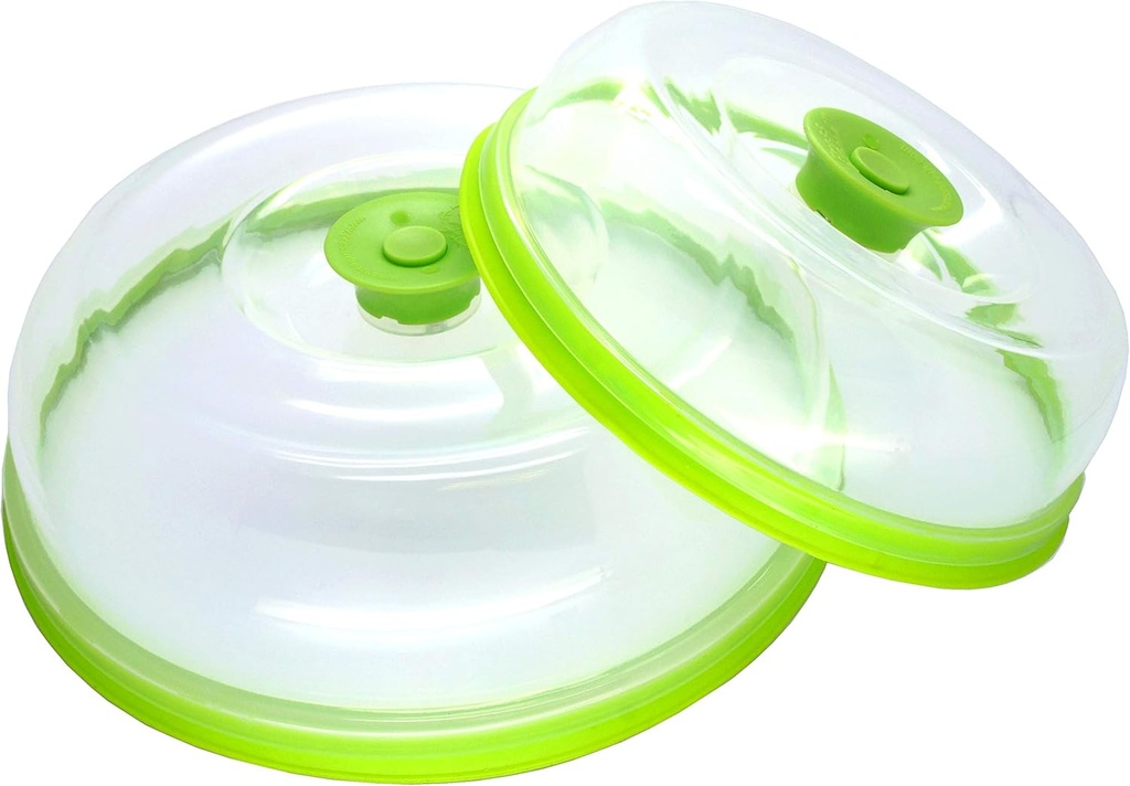 Press n Fresh Universal Vacuum Air-tight Food Sealer Container Plate Platter Lid Cover Topper Dome, Stackable, Dishwasher and BPA Free (9 & 7 inches, Green)