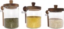 Glass Jars with Wooden Lids and Spoons set of 3,Clear Glass Coffee Containers with Scoop Decorative Kitchen Food Storage Jars for Coffee Beans,Tea,Nut Candy,Sugar,Bath Salts(17OZ/22OZ/27OZ)