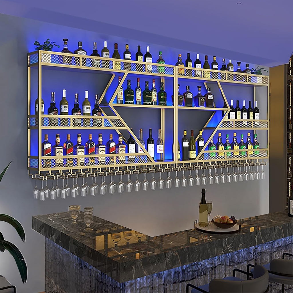 Bar Shelf Wine Rack Wall Mounted with LED Light,Floating Bar Shelves with Hanging Wine Glass Holder,Liquor Bottle Display Shelf,Metal Wine Storage Racks,for Home Wine Cellar