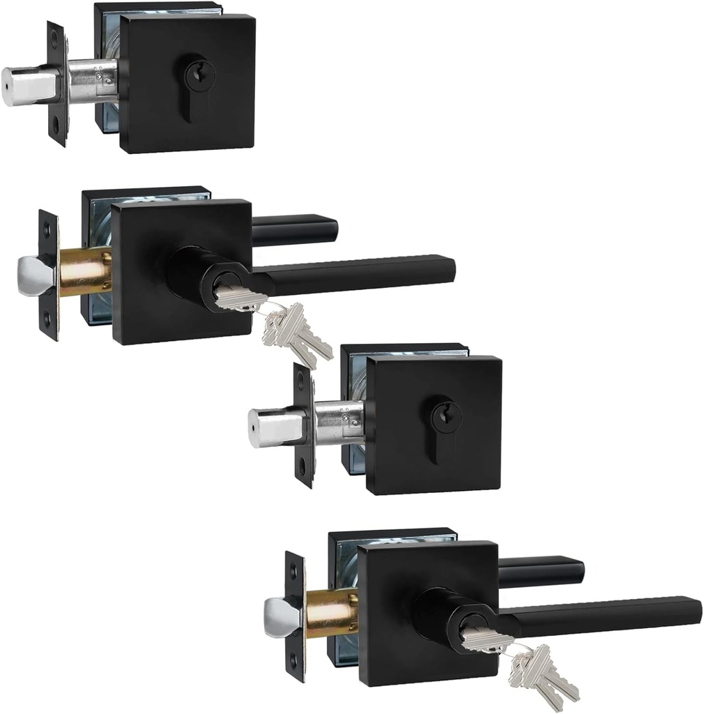 Keyed Entry Door Handle with Single Cylinder Deadbolt, Keyed Alike(Same Keys Only Per Set) Front Door/Exterior Door Lever Lockset, Matte Black, 2 Sets of Locks with 2 Sets of Different Keys